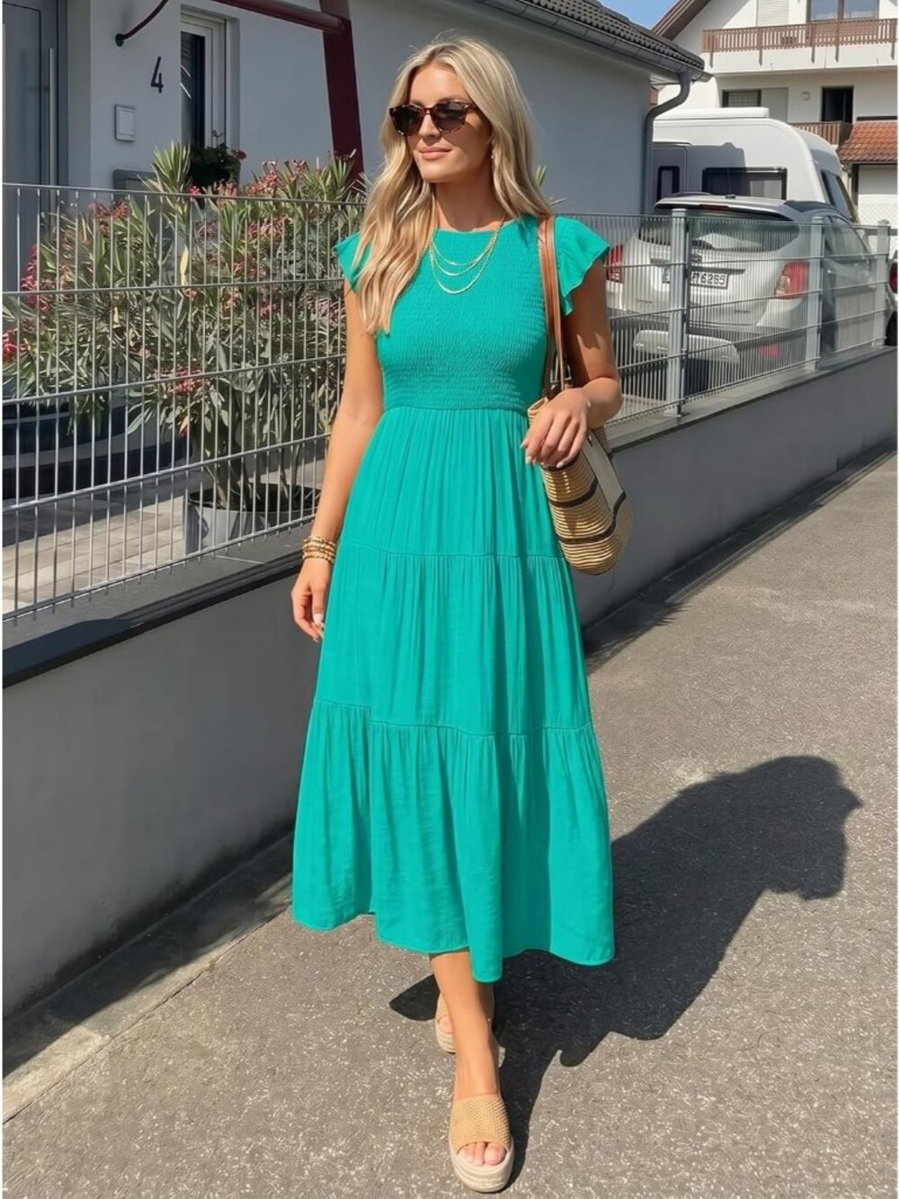 Women's Green Crew Neck Casual Classic Short Sleeve Outfits Pull On Midi Dresses - Picture 2 of 6
